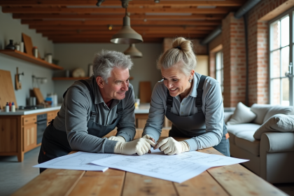 Couple en rénovation plan dans une cuisine en travaux
