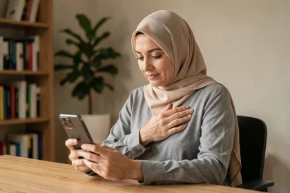 Femme portant un hijab beige lisant un message de condoléances sur son smartphone avec une expression bienveillante