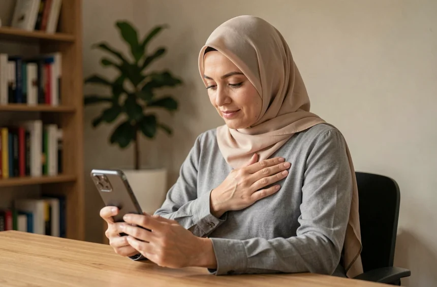 Femme portant un hijab beige lisant un message de condoléances sur son smartphone avec une expression bienveillante