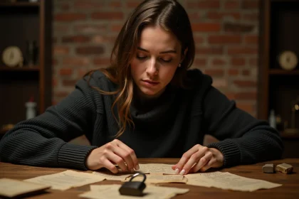 Femme qui résout une énigme dans une salle d'escape room avec des indices sur une table en bois