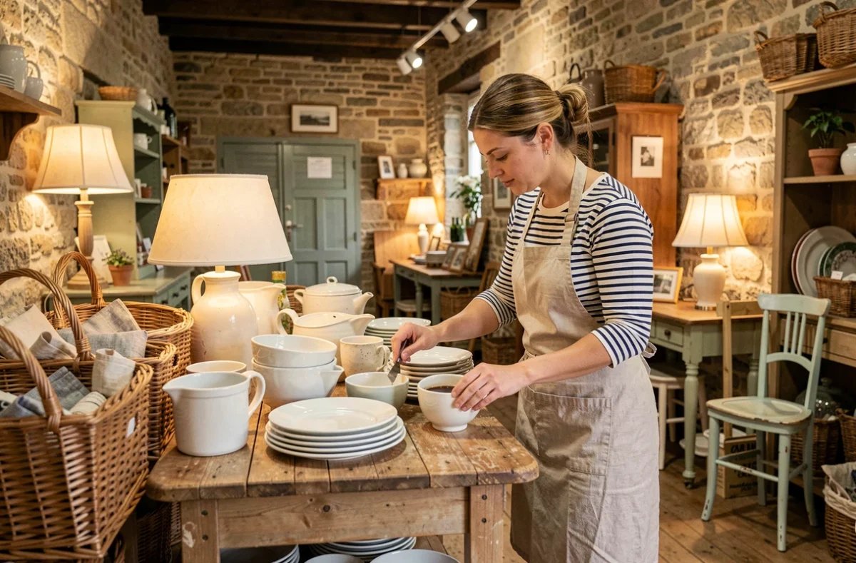 Intérieur chaleureux de la Ressourcerie de l'Île à Vannes avec une employée qui étiquette des objets