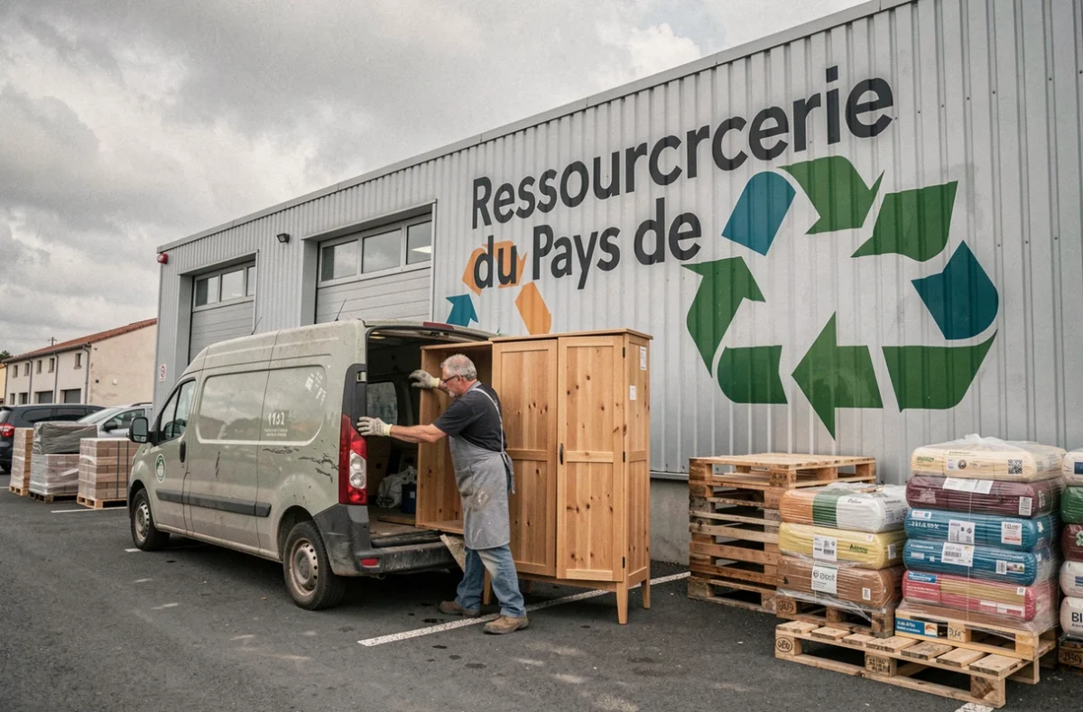 Façade de la Ressourcerie du Pays de Brest avec un employé déchargeant des meubles