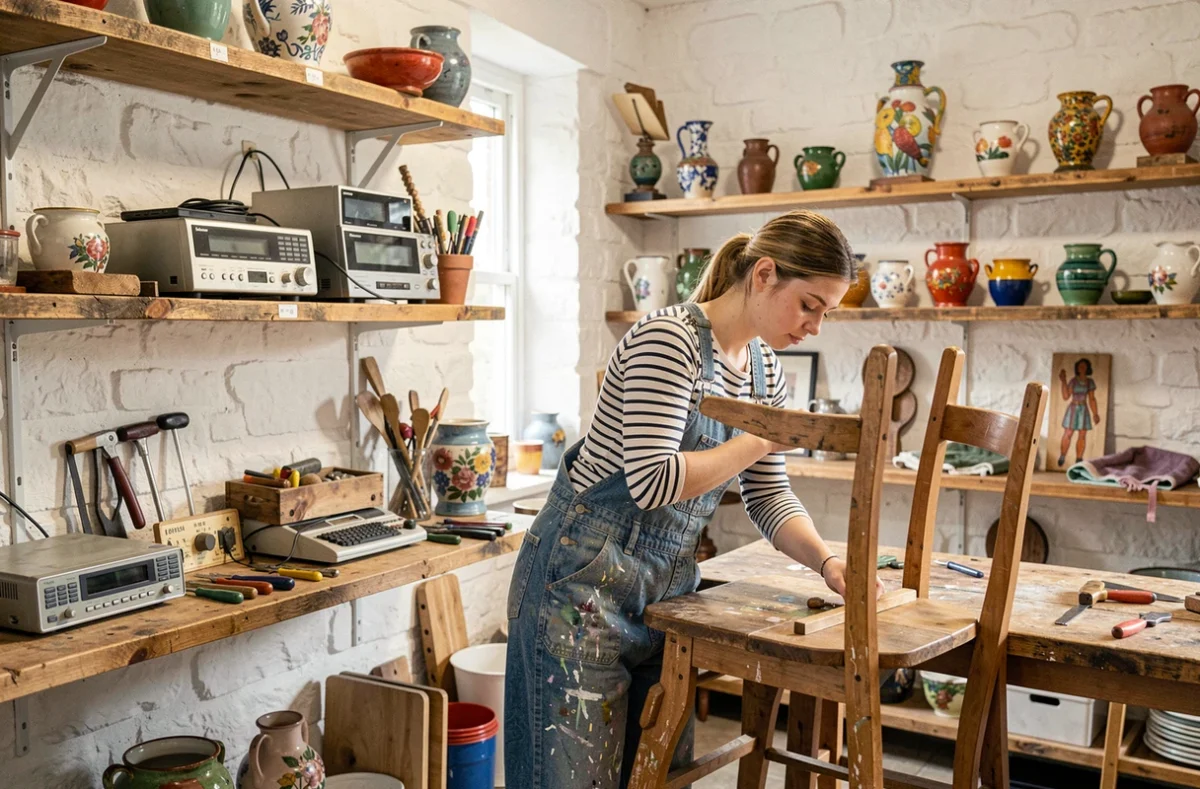 Intérieur de la Ressourcerie Ti Récup à Morlaix avec une employée réparant une chaise en bois