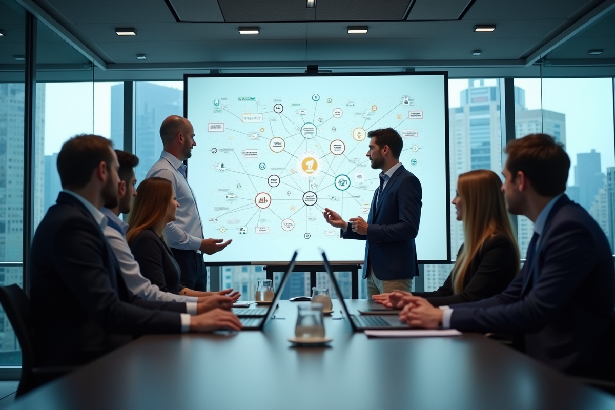 Groupe de professionnels discutant autour d