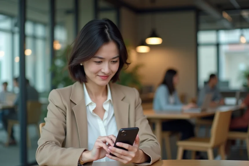Femme parcourant les réseaux sociaux sur son téléphone avec une expression intriguée, illustrant la propagation d'une rumeur virale sur internet