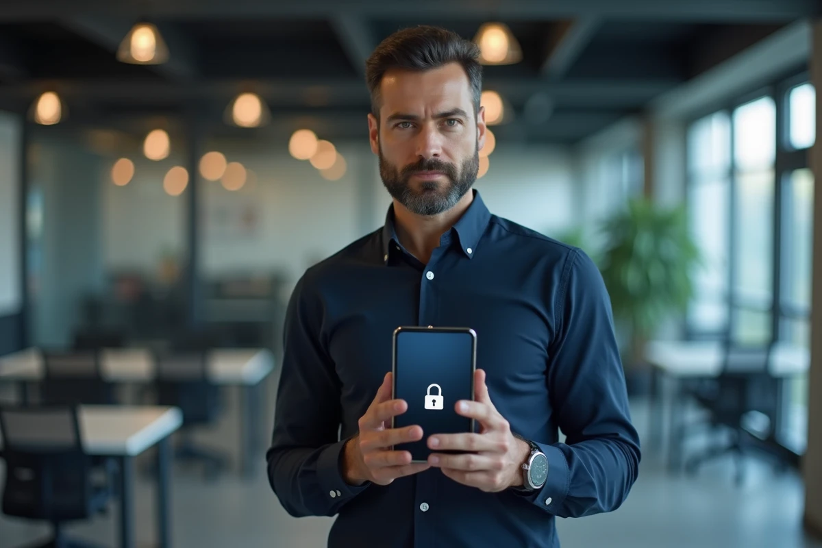 Homme professionnel vérifiant la sécurité de ses données sur smartphone dans un espace de coworking