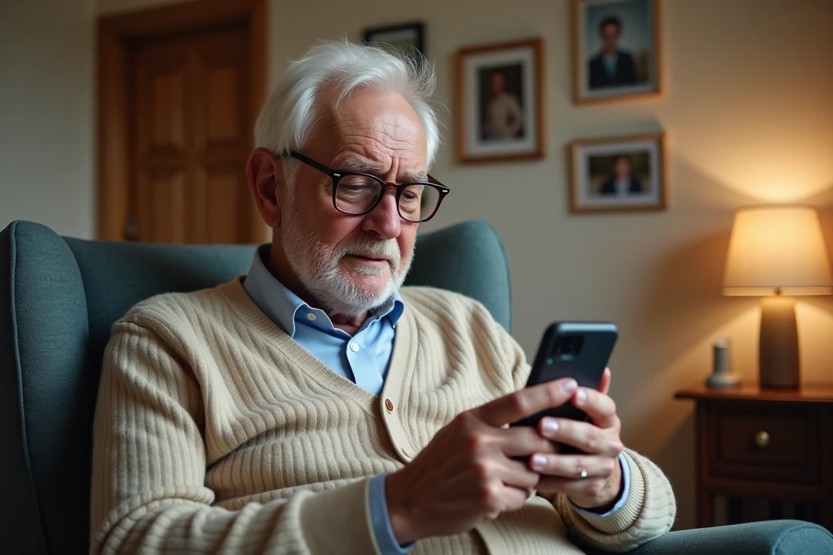 Senior tenant un smartphone affichant un journal d'appels répétés d'un numéro 06 non reconnu, expression préoccupée dans un salon confortable