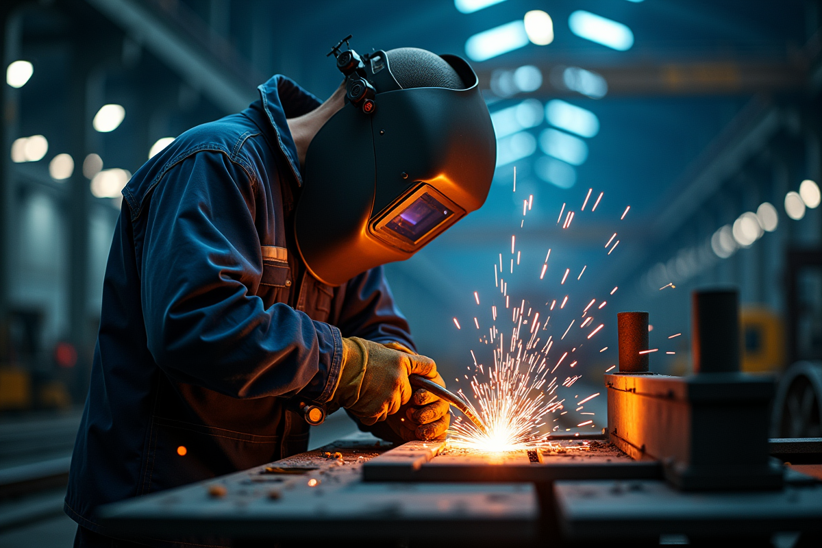 Soudeur arc MMA sur grande structure métallique en atelier