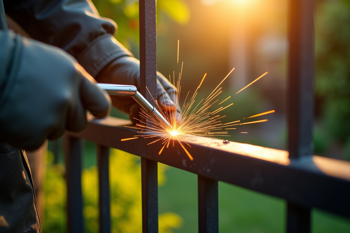 Soudure précise arc MMA sur portail en extérieur ensoleille