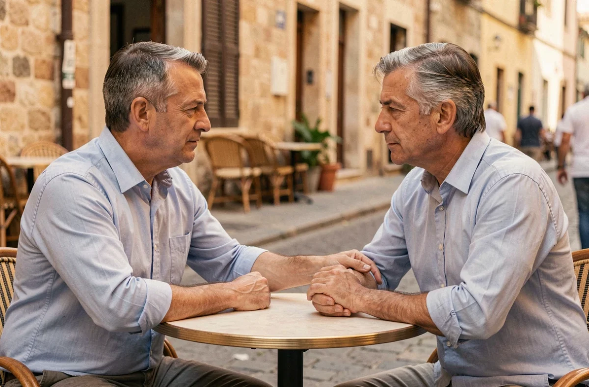 Deux hommes dans un café exprimant leur soutien mutuel lors d'un deuil avec un geste de réconfort