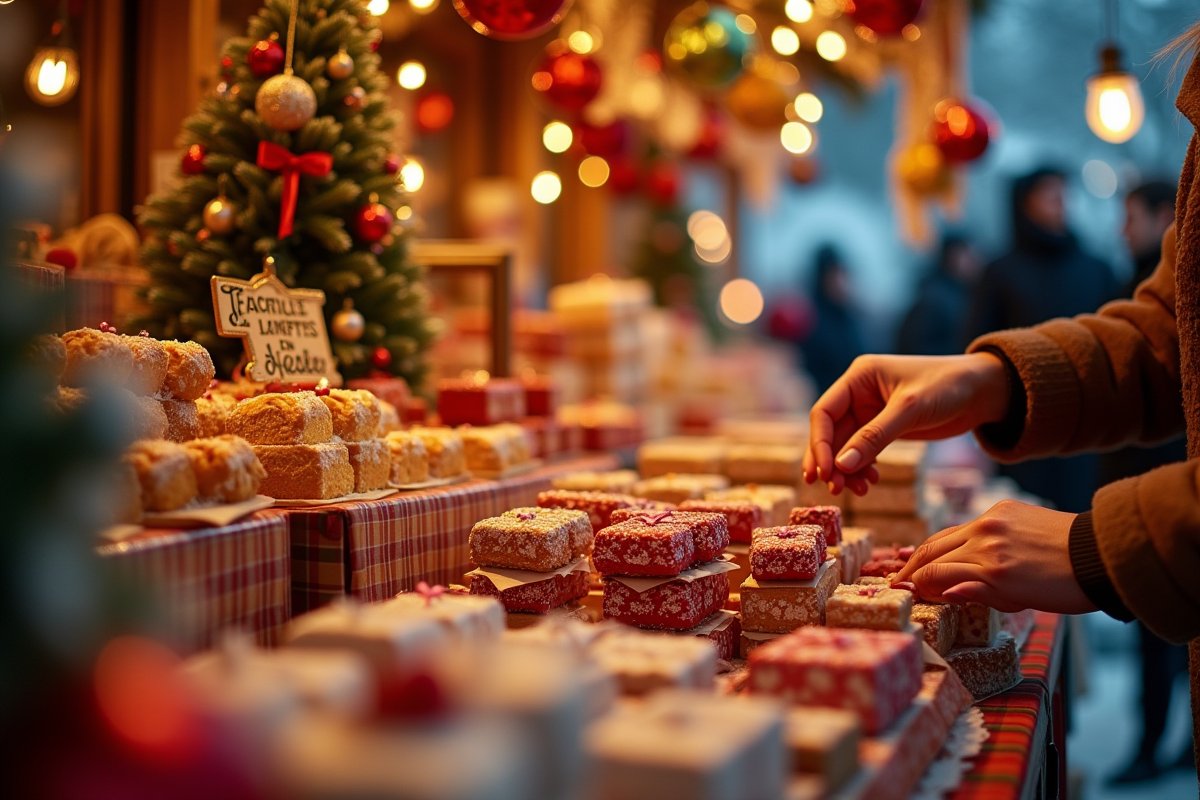 Stand de Noël avec décorations et friandises artisanales