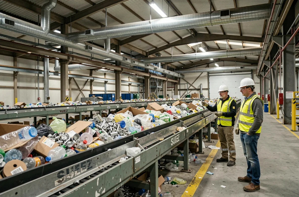 Centre de tri SUEZ Recyclage Bretagne avec des employés surveillant une chaîne de convoyage