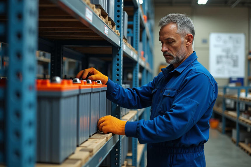 Technicien en bleu arrangeant des batteries industrielles
