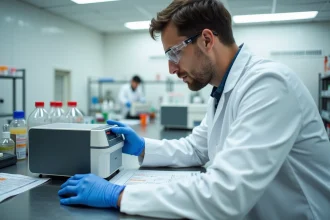 Technicien de laboratoire analysant les résultats d'un spectromètre BELMASS II sur paillasse en acier inoxydable