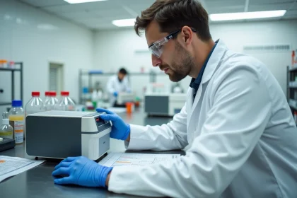 Technicien de laboratoire analysant les résultats d'un spectromètre BELMASS II sur paillasse en acier inoxydable