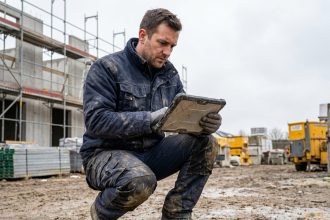 Technicien de terrain inspectant une tablette robuste sur un chantier de construction actif