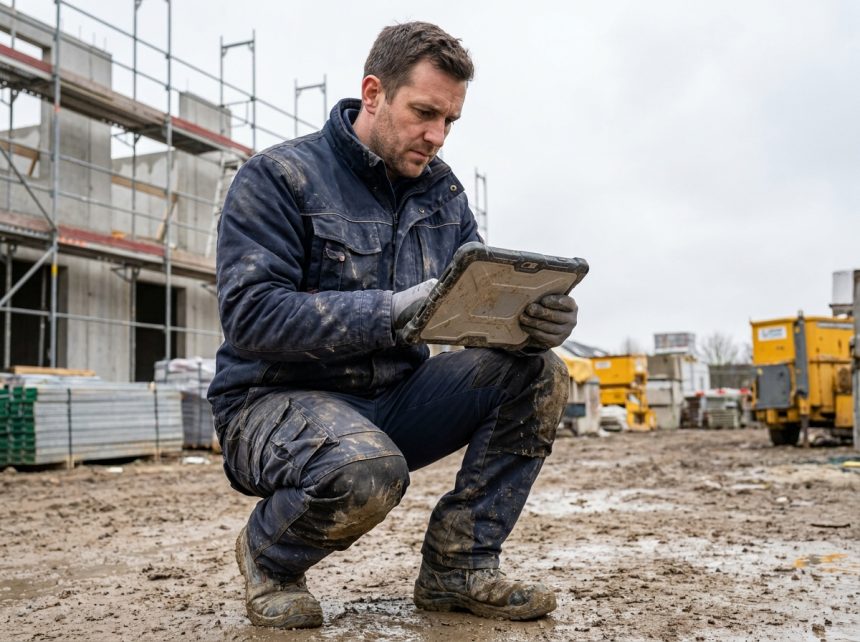 Technicien de terrain inspectant une tablette robuste sur un chantier de construction actif