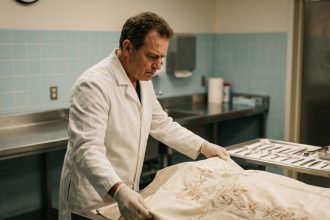 Photographie réaliste d'un thanatopracteur en blouse blanche préparant un tissu cérémonial