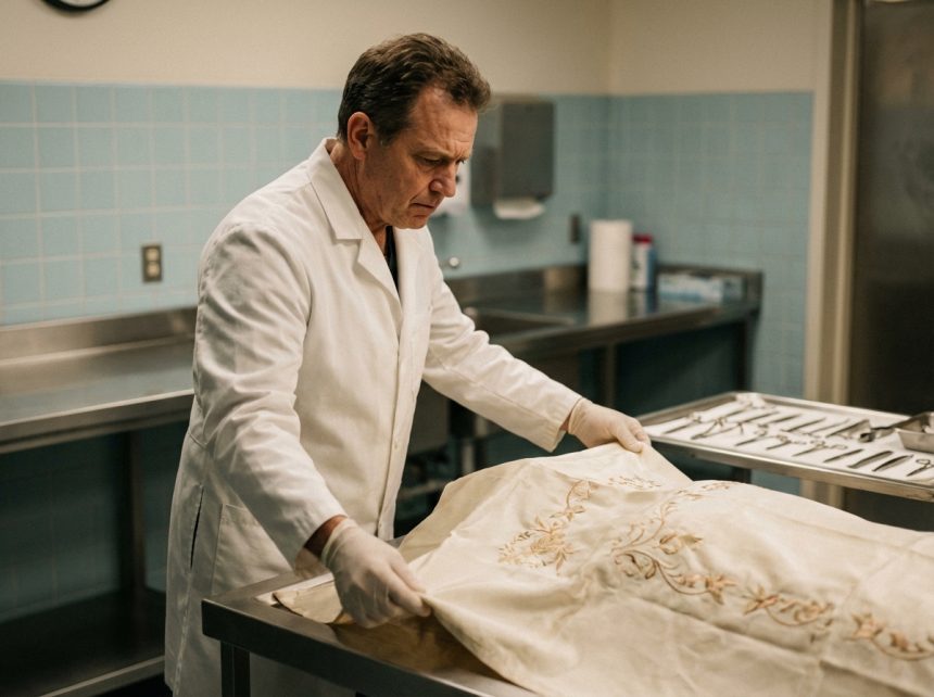 Photographie réaliste d'un thanatopracteur en blouse blanche préparant un tissu cérémonial