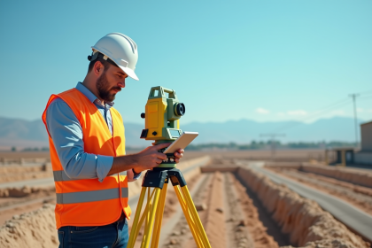 Topographe utilisant une station totale sur un chantier moderne
