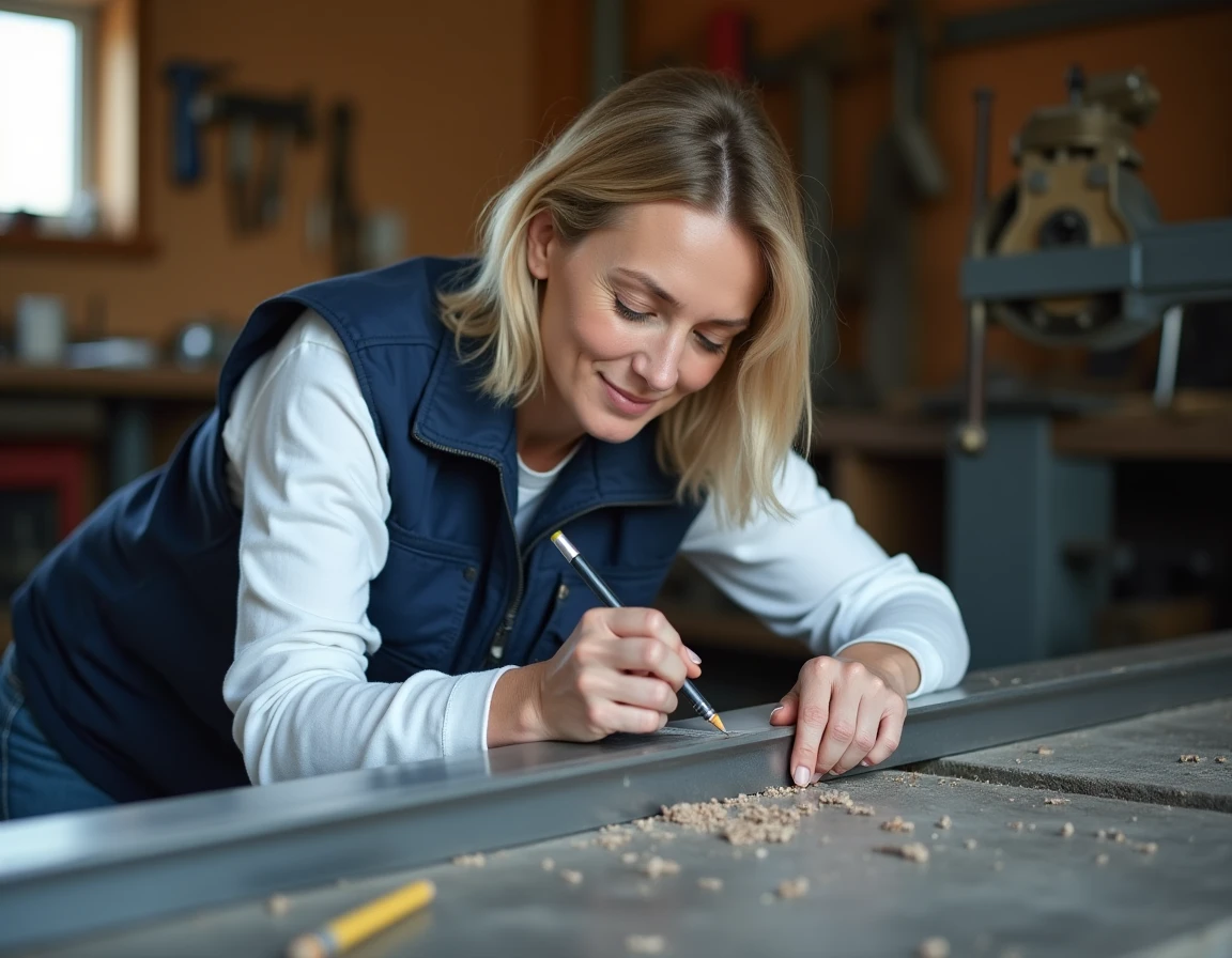 Femme traçant une ligne de coupe sur un barreau aluminium dans un atelier de bricolage