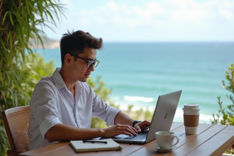 Jeune professionnel travaillant sur une terrasse ensoleillee avec vue sur l ocean