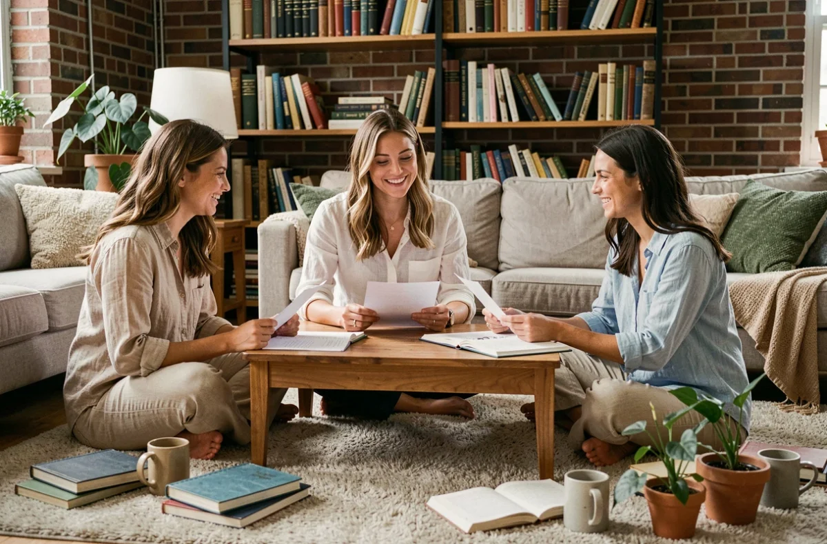 Trois amies réunies dans un salon chaleureux échangeant des citations manuscrites dans leurs journaux, symbole d'une amitié sincère et profonde