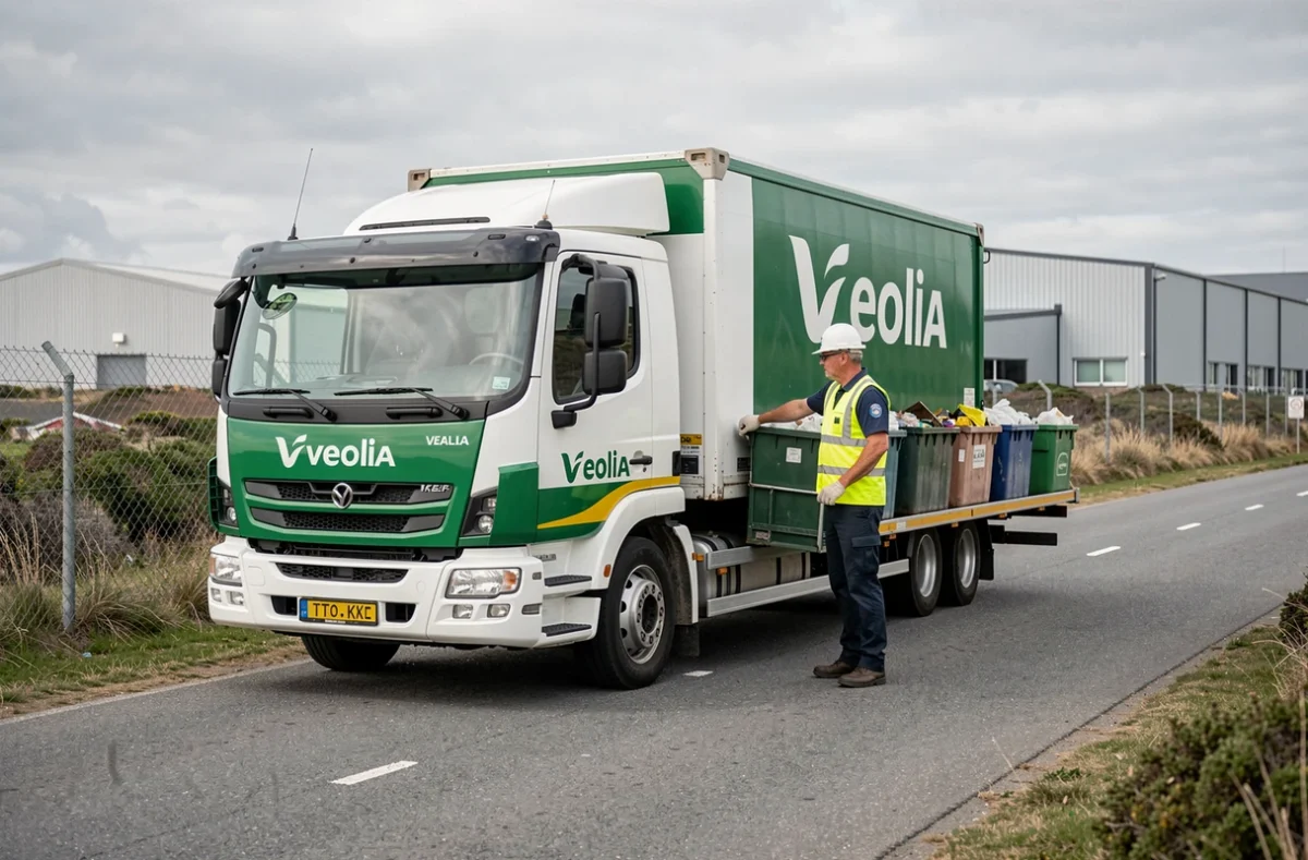 Camion Veolia Propreté Bretagne en opération de collecte dans une zone industrielle bretonne
