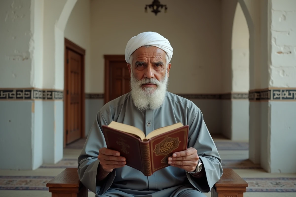 Vieil homme lisant la sourate Al-Mulk à voix haute dans une mosquée sobre aux murs blancs