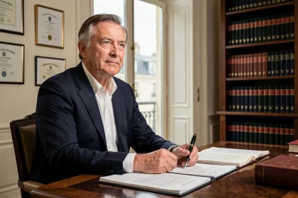 Portrait d'un homme distingué en costume dans un bureau parisien classique, évoquant le parcours professionnel d'Yves Attal